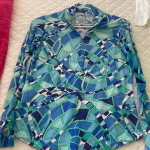 Gottex Aqua and Navy Mosaic Long Sleeve Top